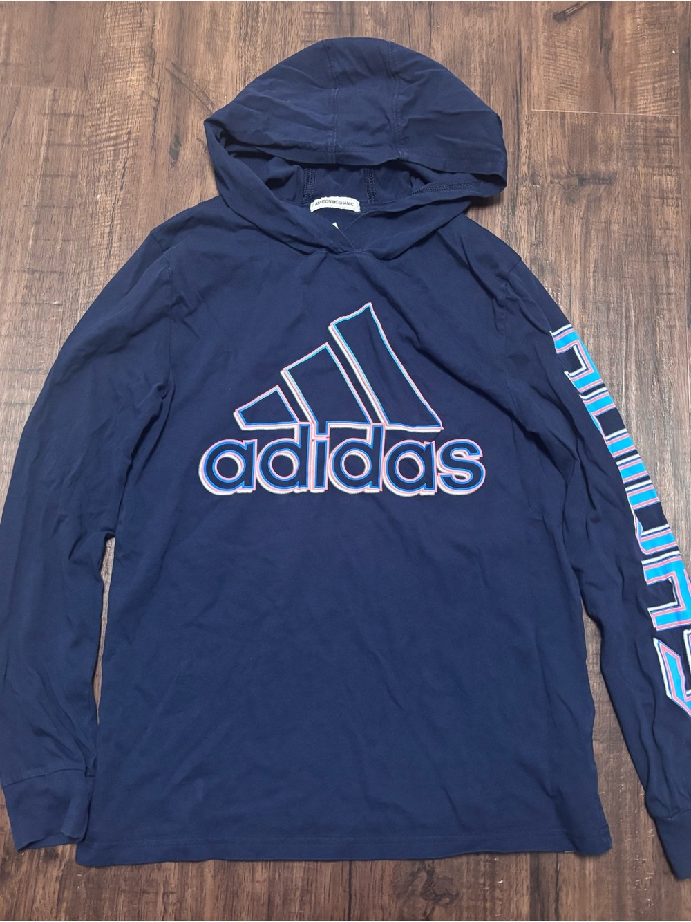 adidas Navy Blue Hooded Long Sleeve Tee with Logo boys L